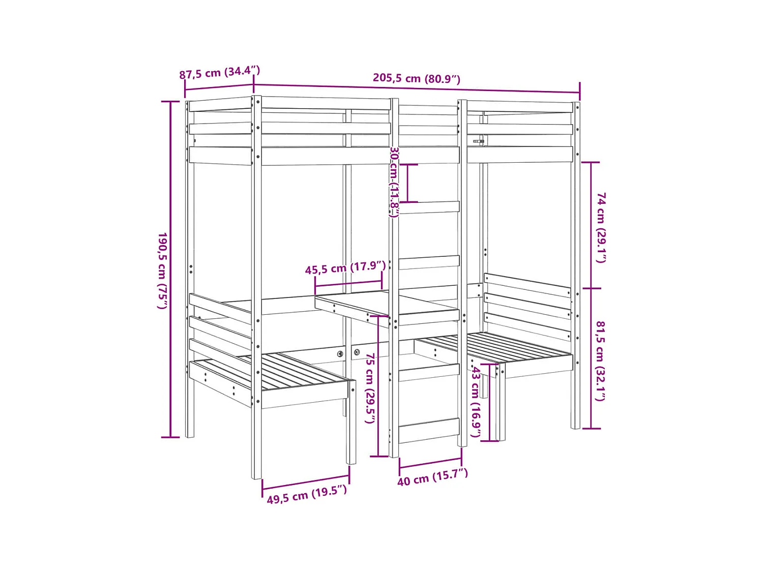 Lit mezzanine avec bureau et chaises 80x200 cm pin massif