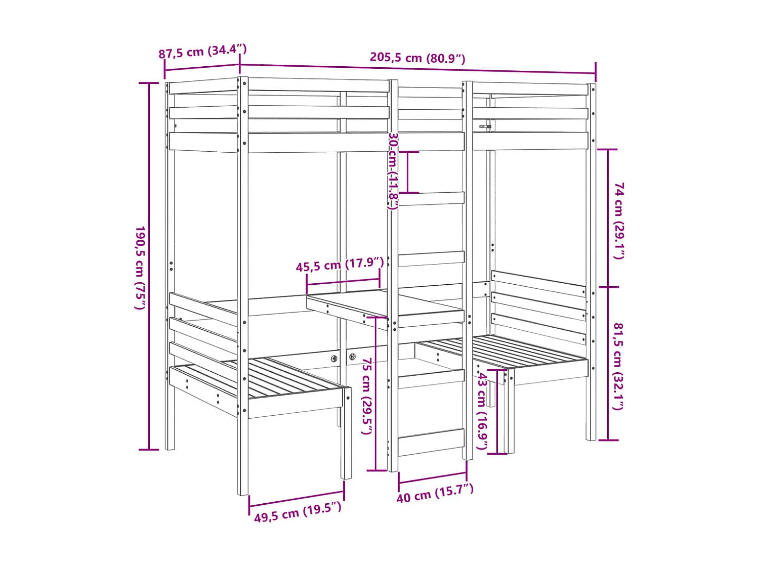 Giroletto Soppalco con Scrivania e Sedie 80x200cm Legno Pino