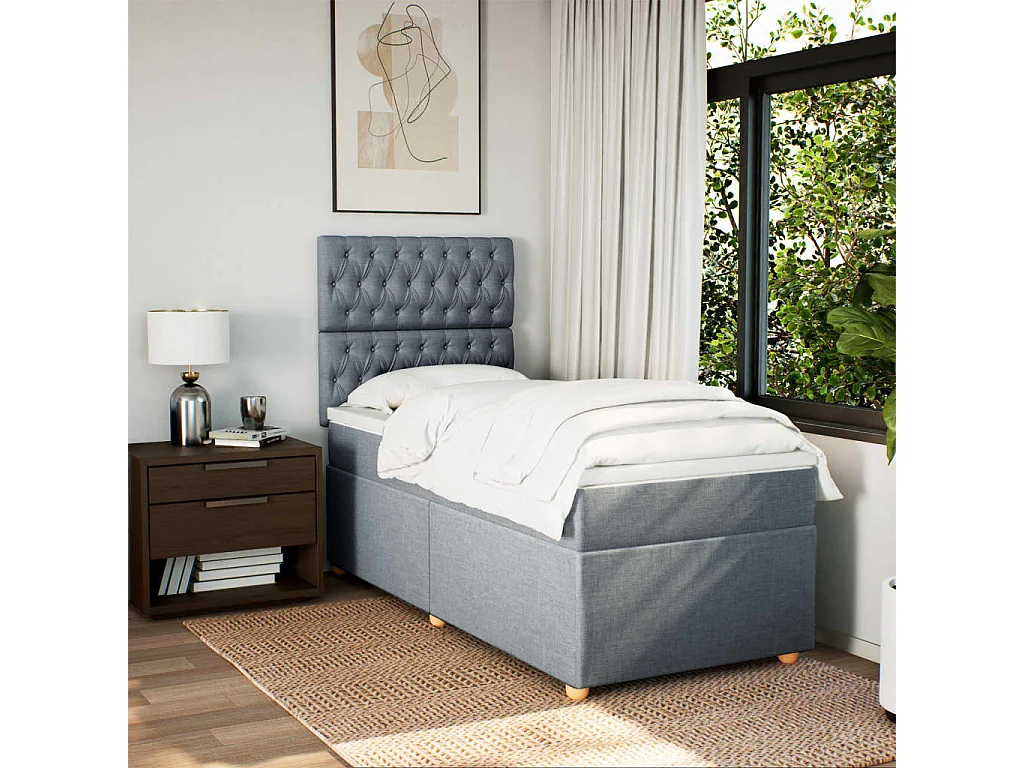 Cama box spring con colchón tela gris claro 80x200 cm