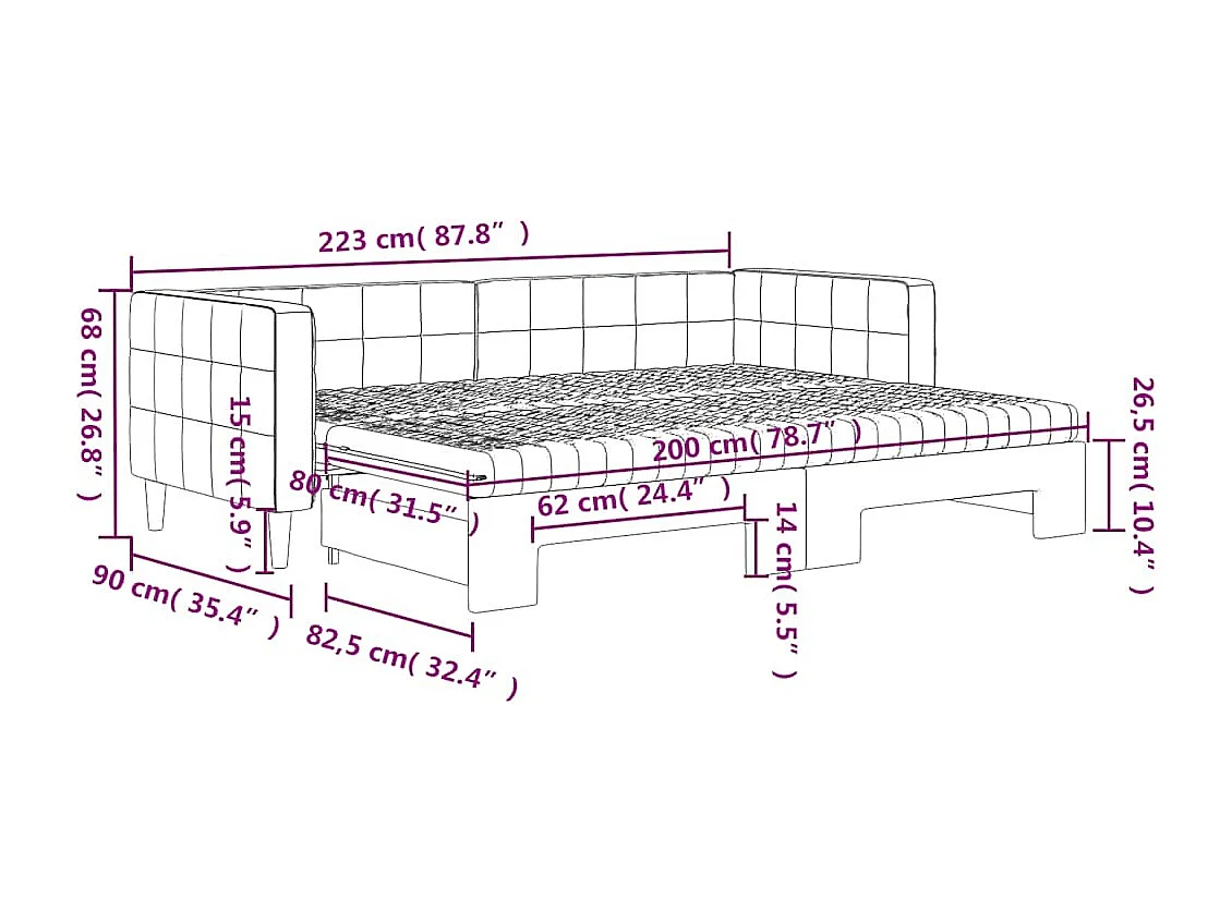 Slaapbank onderschuifbed matrassen 80x200cm fluweel donkergrijs