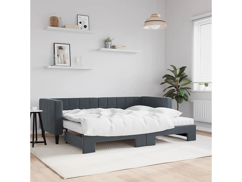 Slaapbank onderschuifbed matrassen 80x200cm fluweel donkergrijs