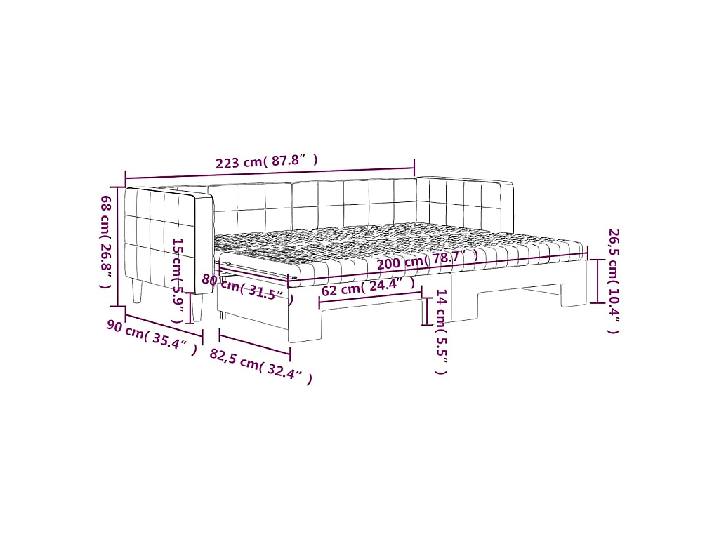 Slaapbank onderschuifbed matrassen 80x200cm fluweel donkergrijs