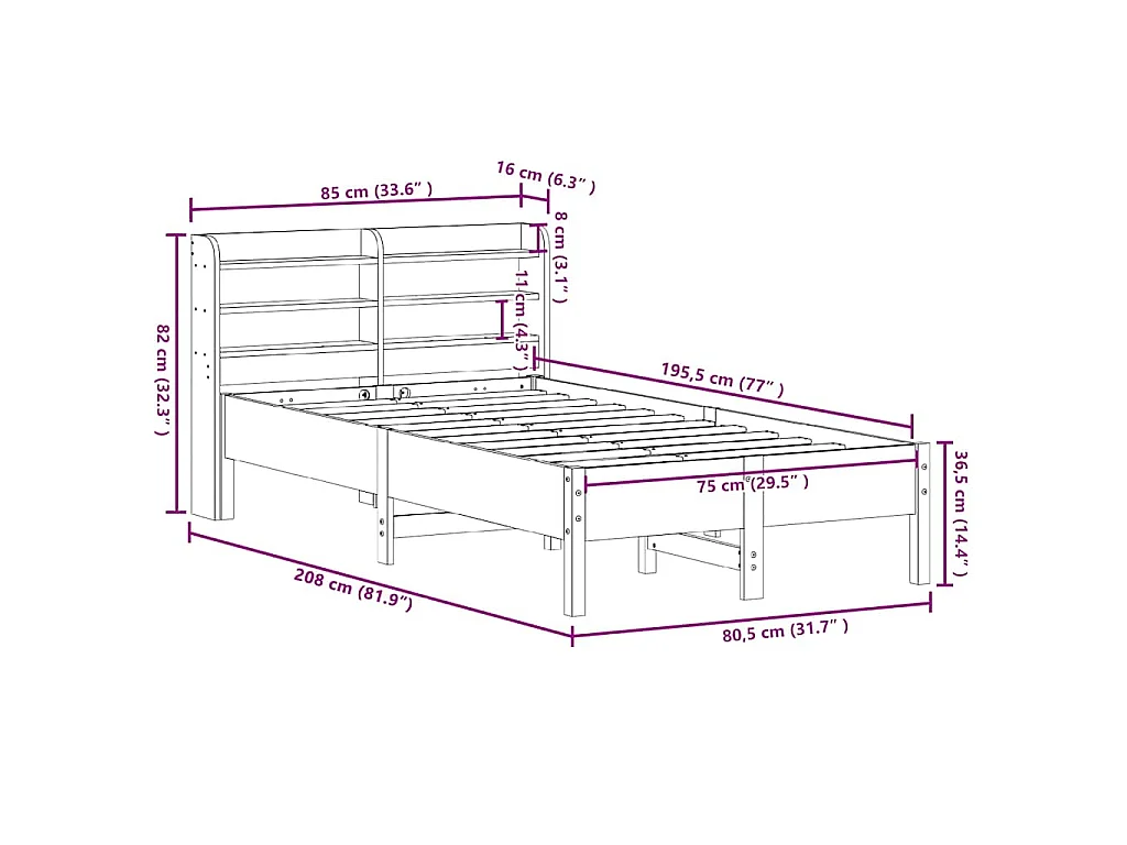 Bedframe zonder matras massief grenenhout wit 75x190 cm