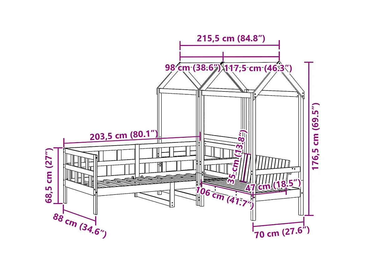 Tagesbett Set mit Dach Weiß 80x200 cm Massivholz Kiefer