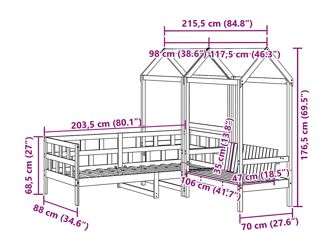 Kinderbedset met huisje massief grenenhout wit 80x200 cm
