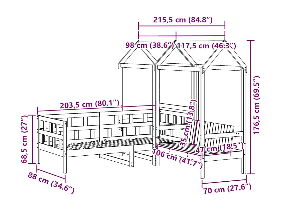 Kinderbedset met huisje massief grenenhout wit 80x200 cm