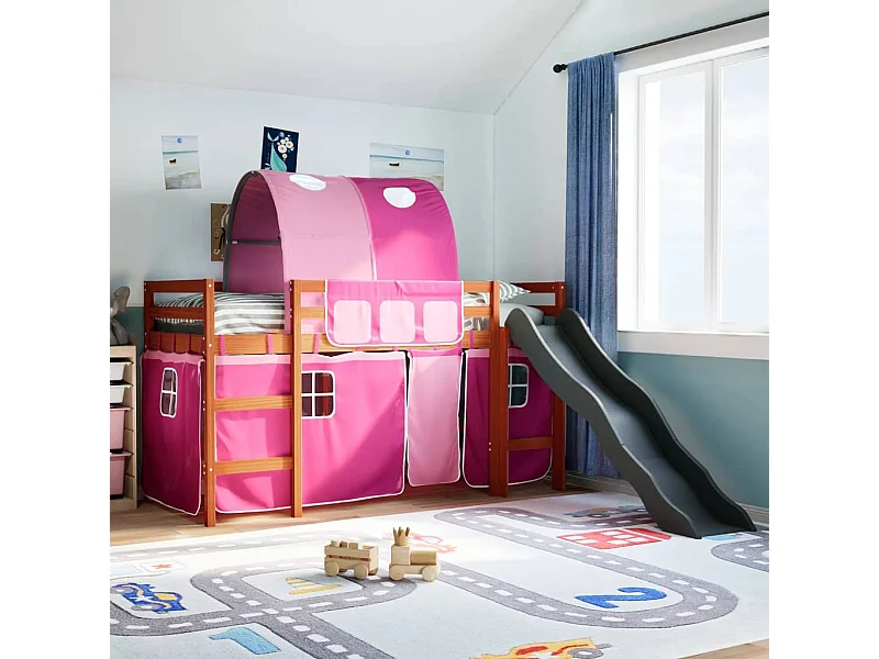 Kinderhochbett mit Tunnel Rosa 80x200 cm Massivholz Kiefer