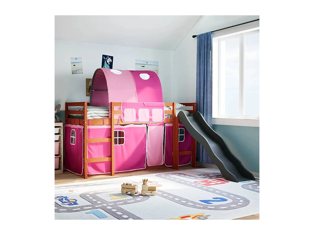 Lit mezzanine enfants avec tunnel rose 80x200cm bois pin massif