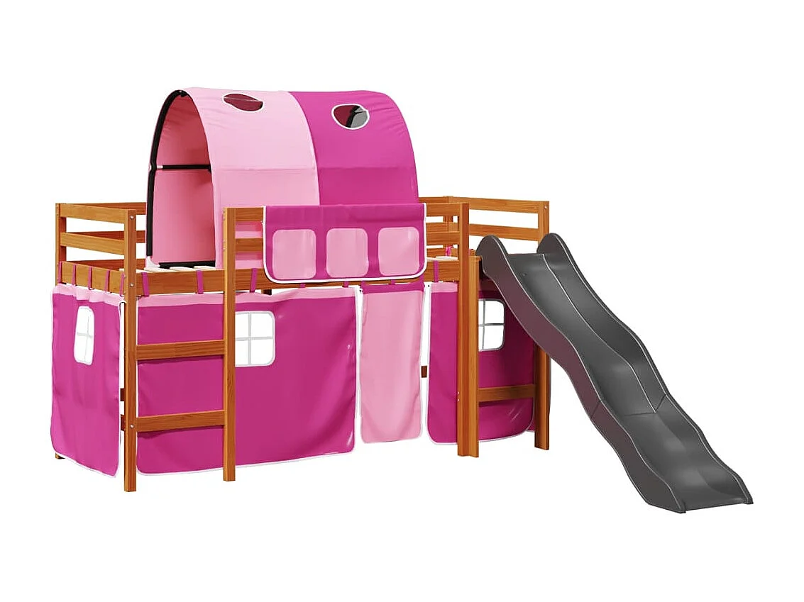 Lit mezzanine enfants avec tunnel rose 80x200cm bois pin massif