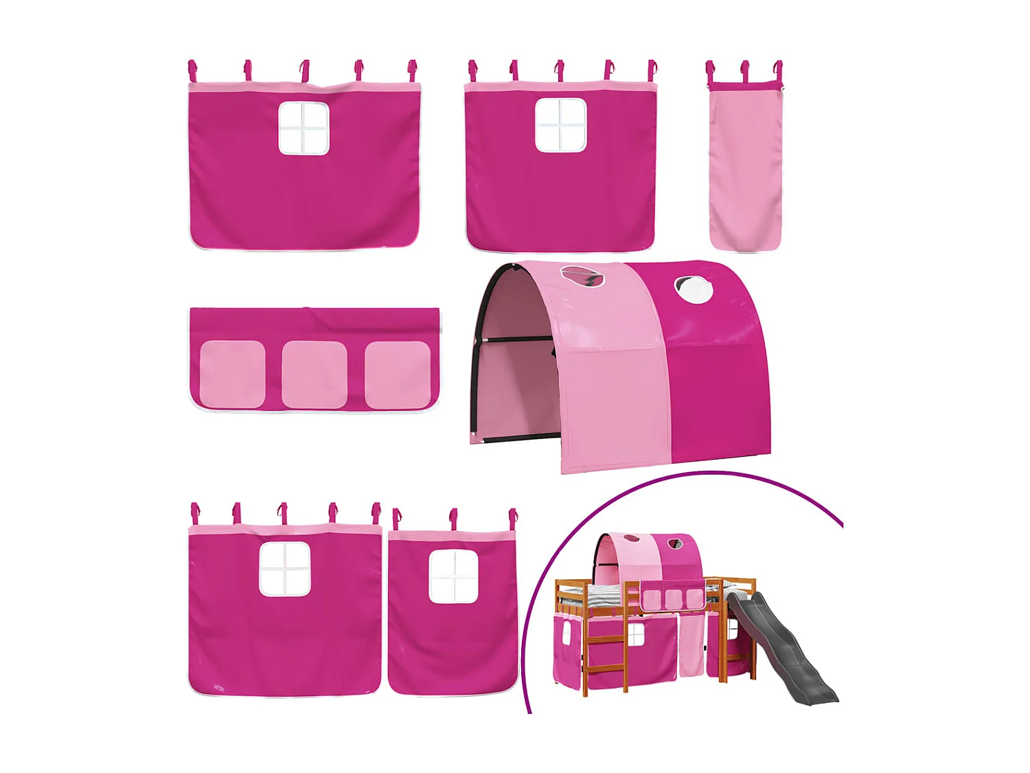 Lit mezzanine enfants avec tunnel rose 80x200cm bois pin massif