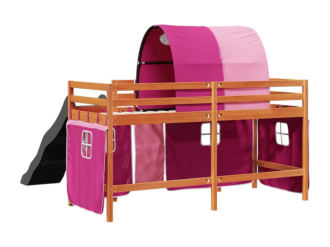 Lit mezzanine enfants avec tunnel rose 80x200cm bois pin massif