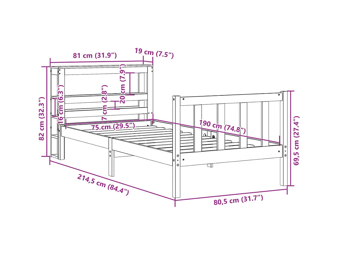 Cadre de lit sans matelas 75x190 cm bois de pin massif