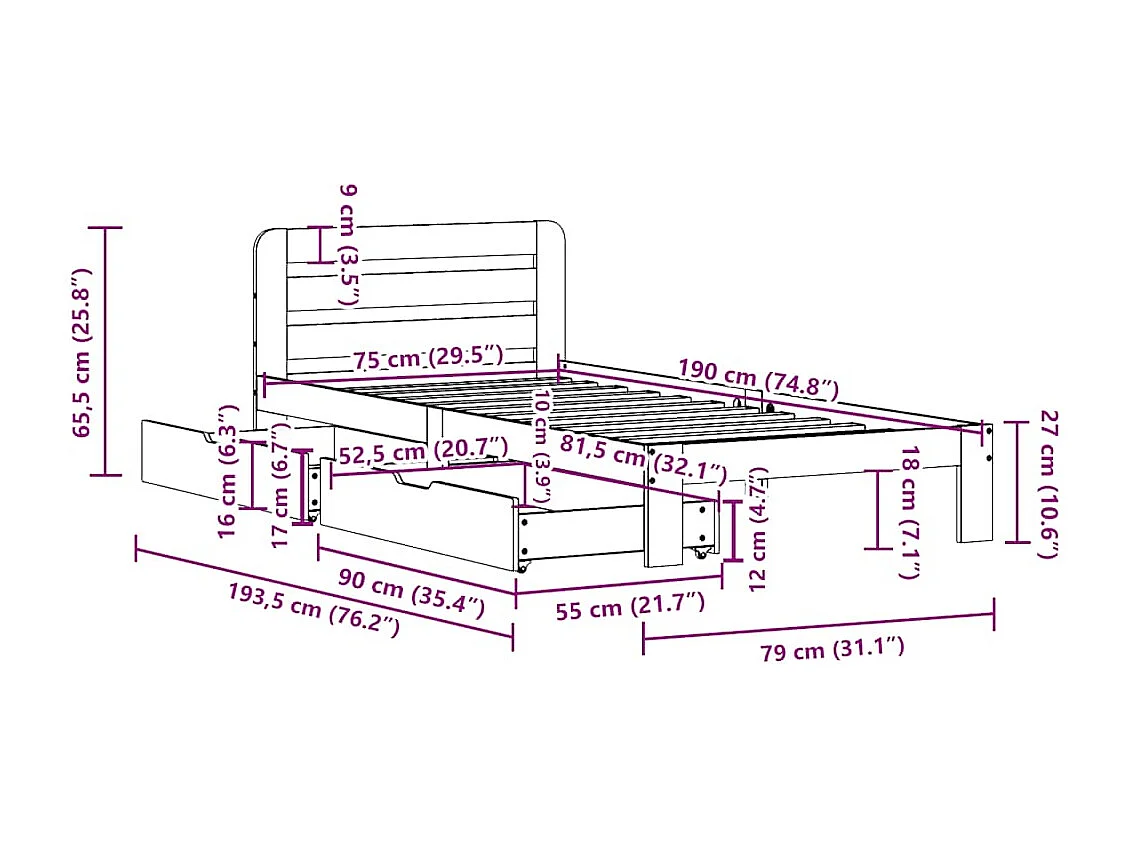 Bedframe zonder matras massief grenenhout wasbruin 75x190 cm