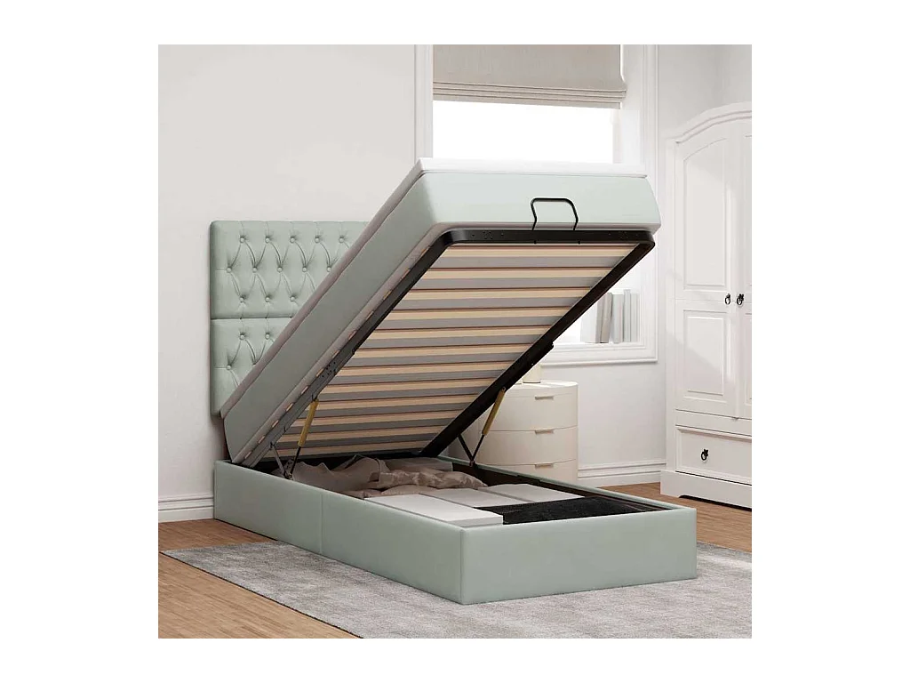 Cadre de lit ottoman avec matelas gris clair 80x200 cm velours