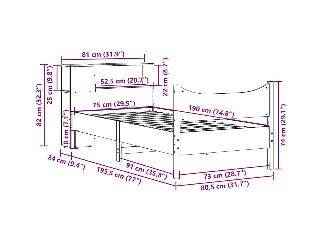 Cadre de lit sans matelas cire marron 75x190 cm bois pin massif