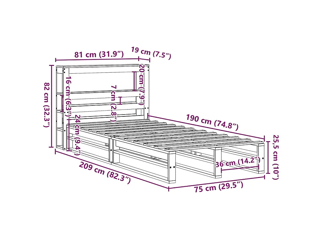 Letto senza Materasso Bianco 75x190 in Legno Massello di Pino