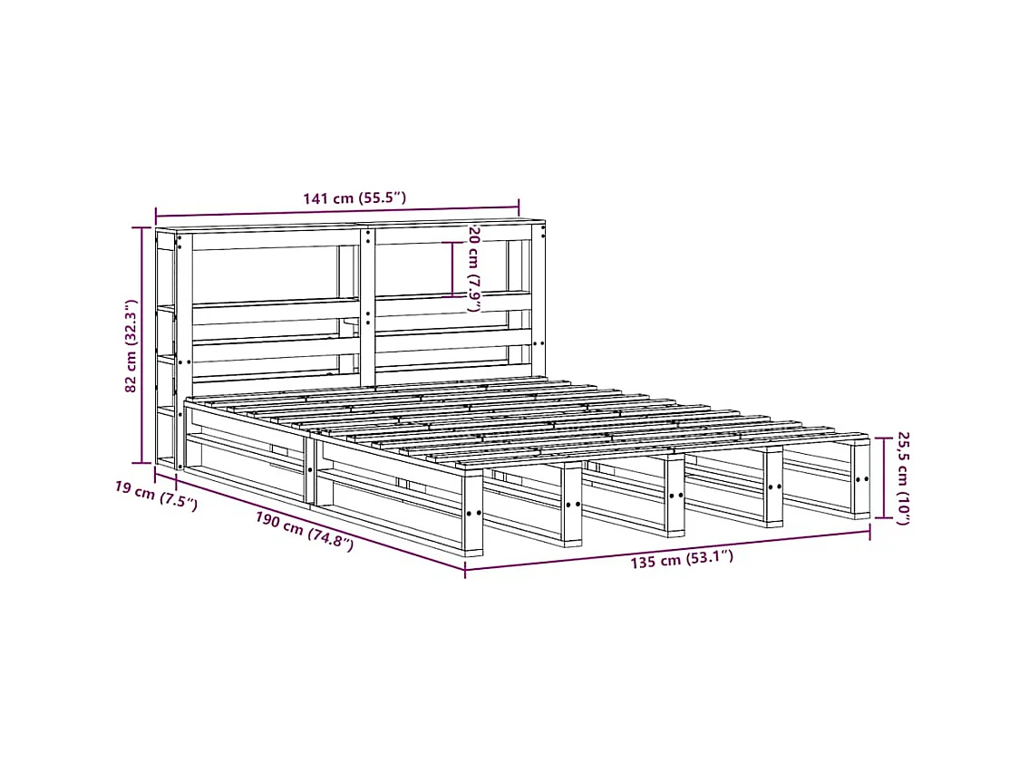 Cadre de lit sans matelas cire marron 135x190cm bois pin massif