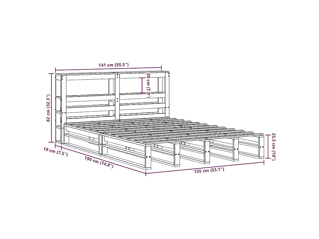 Cama sem colchão 135x190 cm madeira pinho maciça castanho-mel