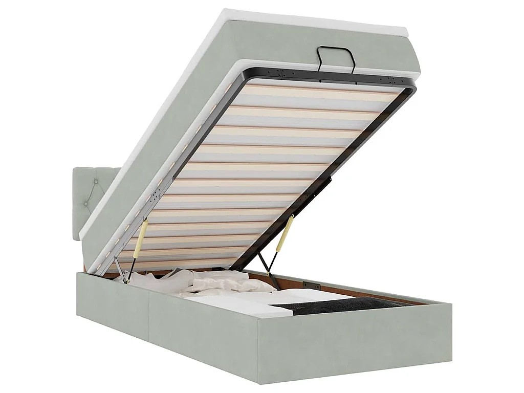 Estructura cama otomana colchón terciopelo gris claro 80x200cm