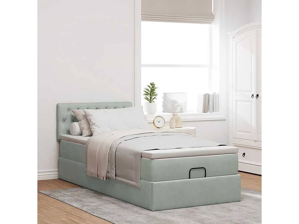 Estructura cama otomana colchón terciopelo gris claro 80x200cm