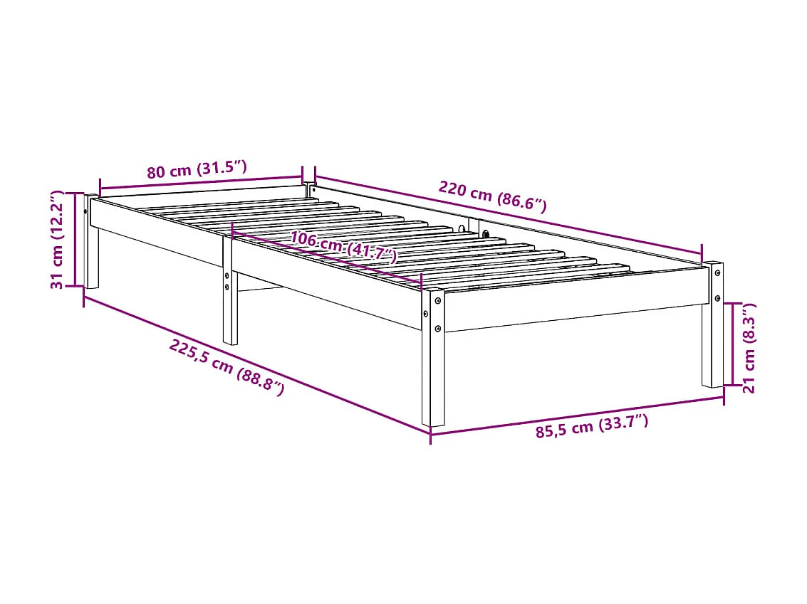 Cadre de lit extra long sans matelas 80x220 cm bois massif pin