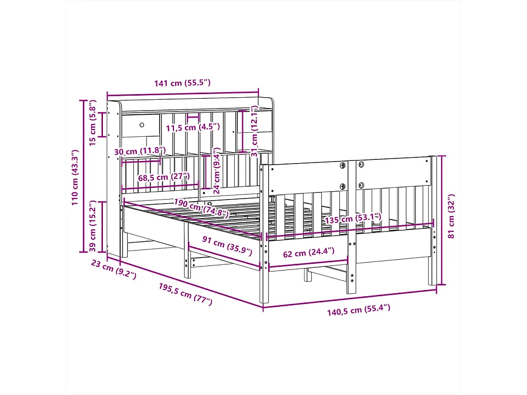 Bedframe zonder matras massief grenenhout 135x190 cm