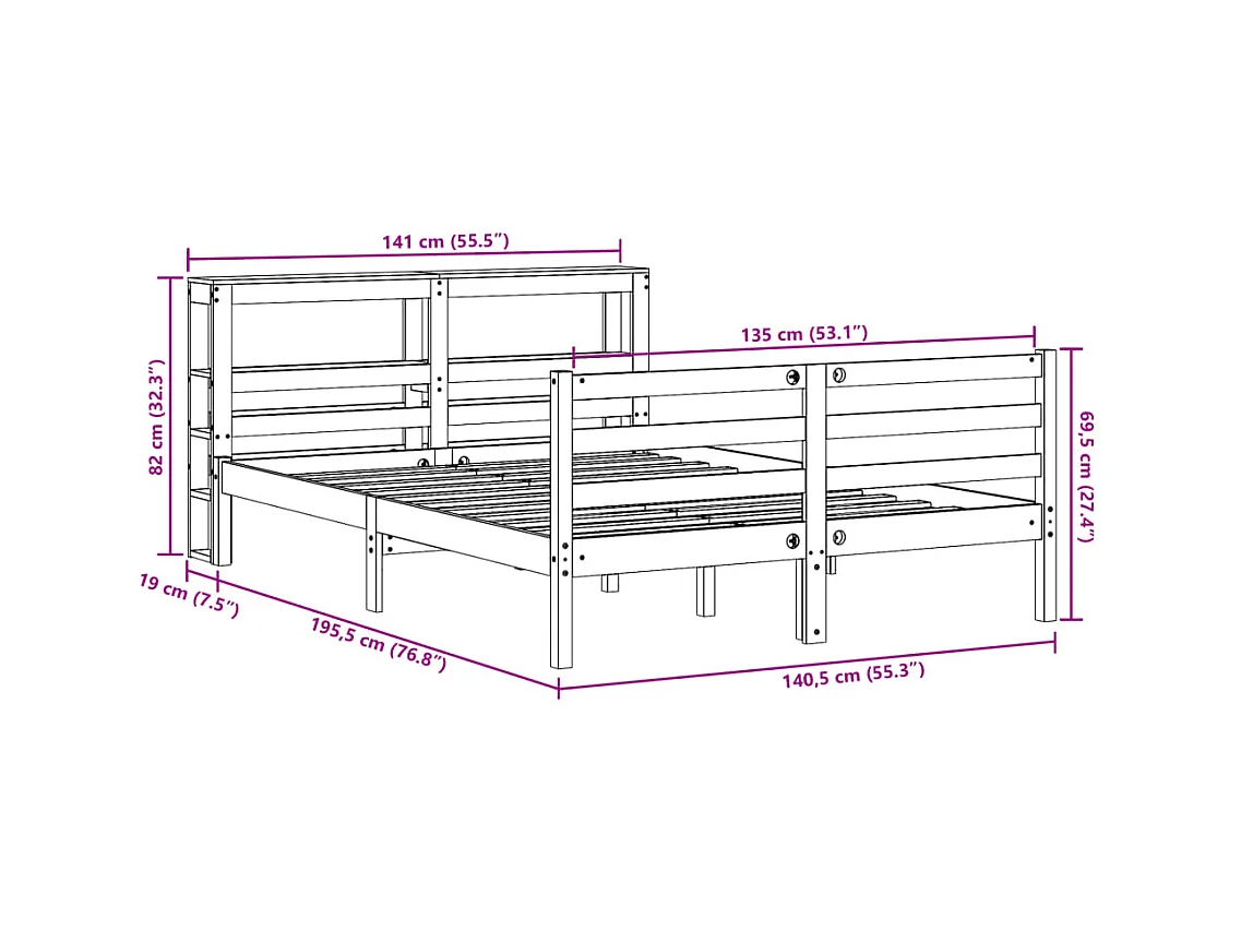Cadre de lit sans matelas cire marron 135x190cm bois pin massif
