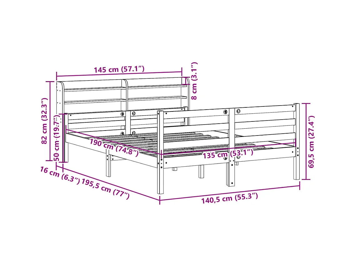 Cadre de lit et tête de lit sans matelas 135x190 cm