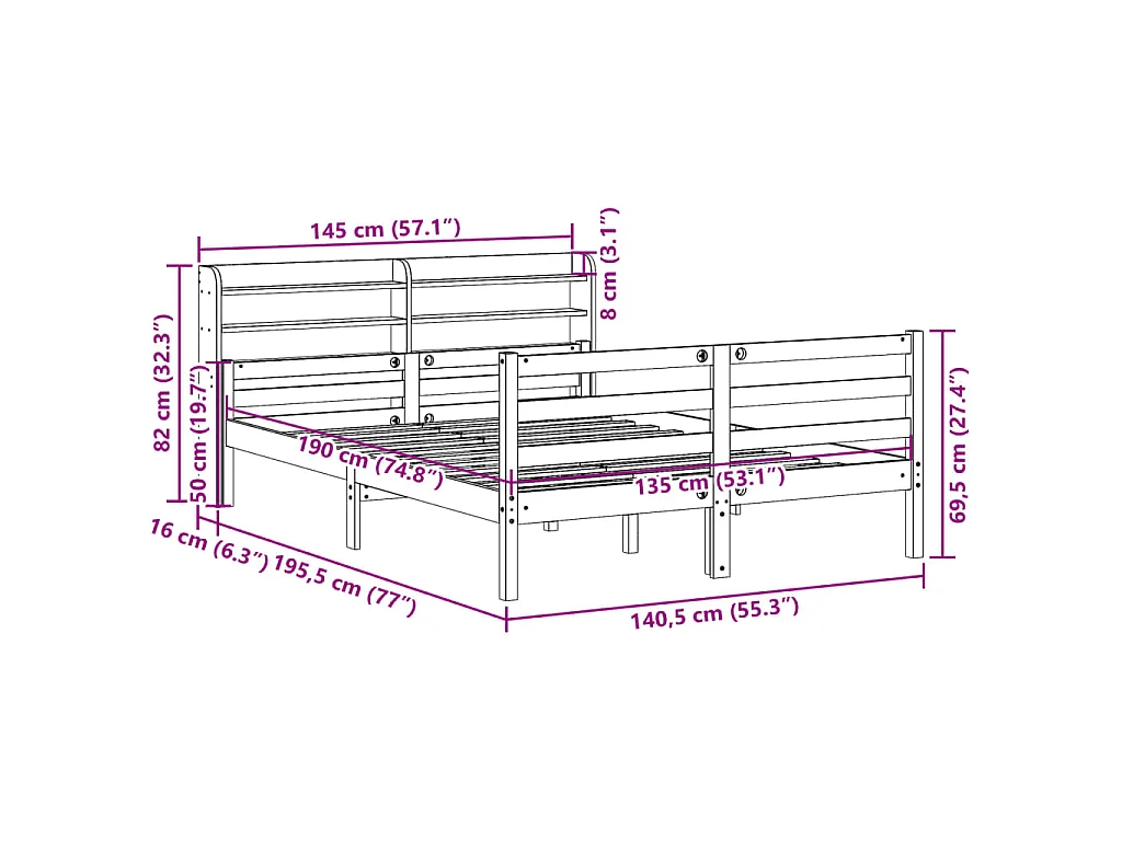 Estrutura cama c/ cabeceira 135x190 cm pinho maciço