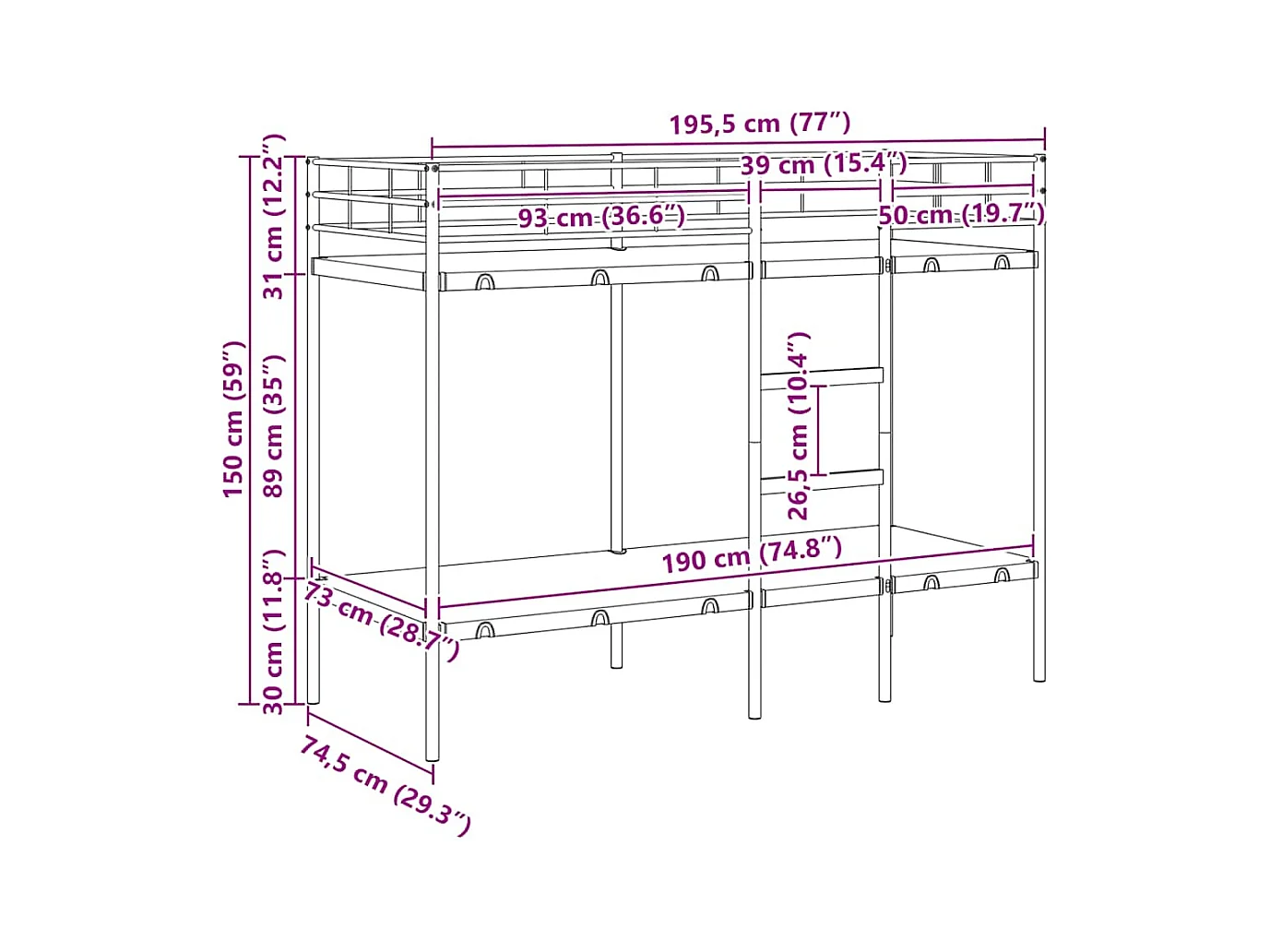 Lit superposé sans matelas noir 75x190 cm acier