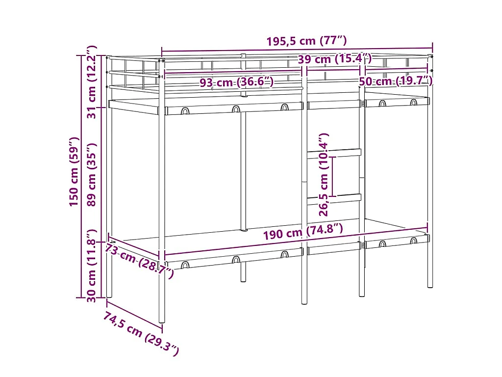 Lit superposé sans matelas noir 75x190 cm acier