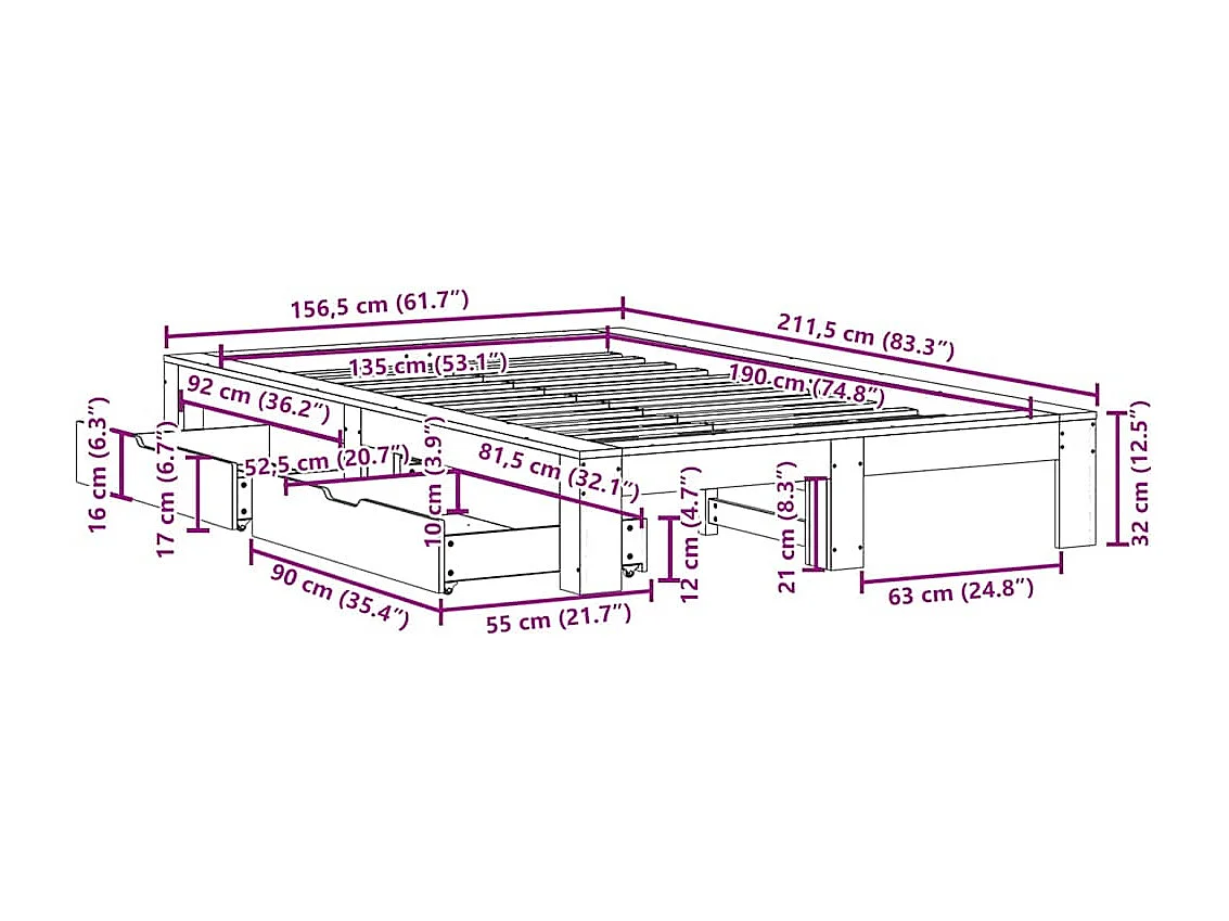 Bedframe zonder matras massief grenenhout wit 135x190 cm