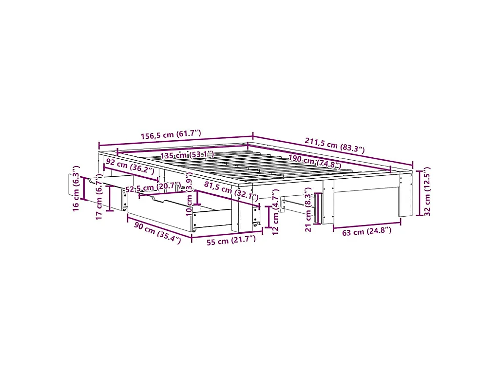 Cama sem colchão 135x190 cm madeira de pinho maciça branco