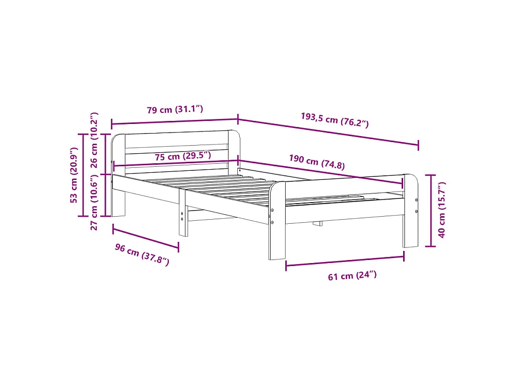 Bedframe zonder matras massief grenenhout wasbruin 75x190 cm