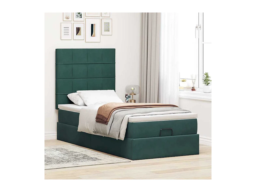 Cadre de lit ottoman avec matelas vert foncé 80x200 cm velours