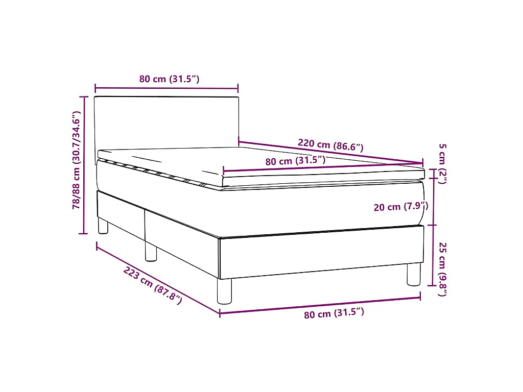 Cama box spring con colchón terciopelo gris claro 80x220 cm