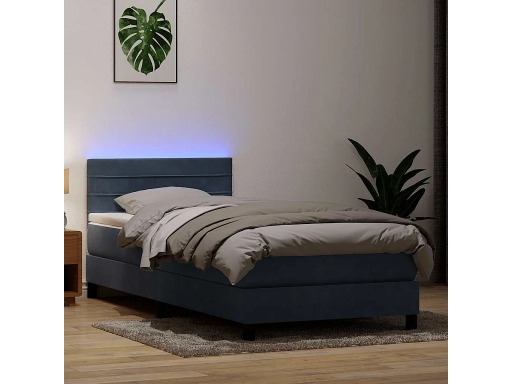 Cama box spring con colchón y LED terciopelo gris oscuro 80x210 cm