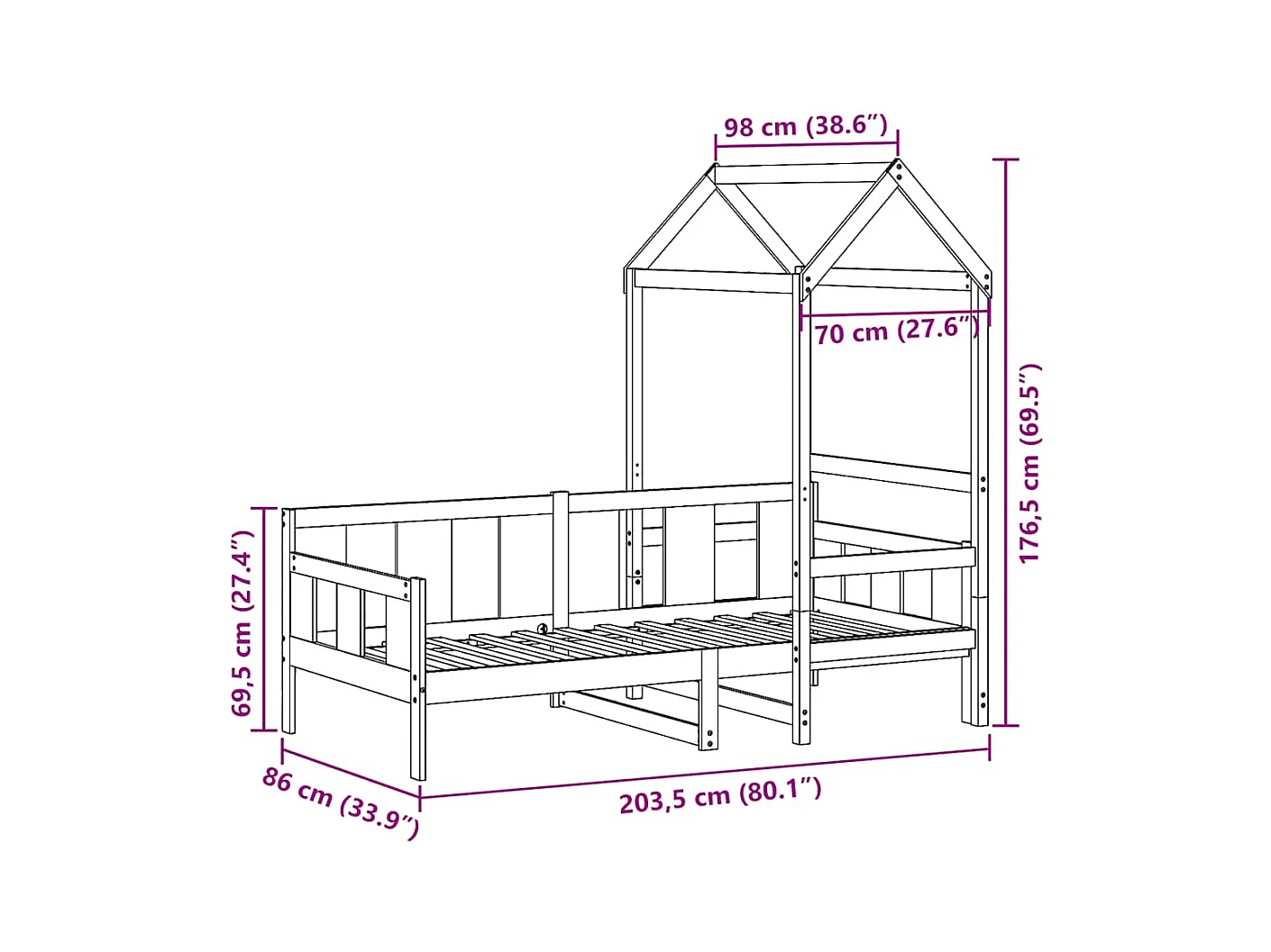 Lit de jour avec toit sans matelas 80x200 cm bois massif
