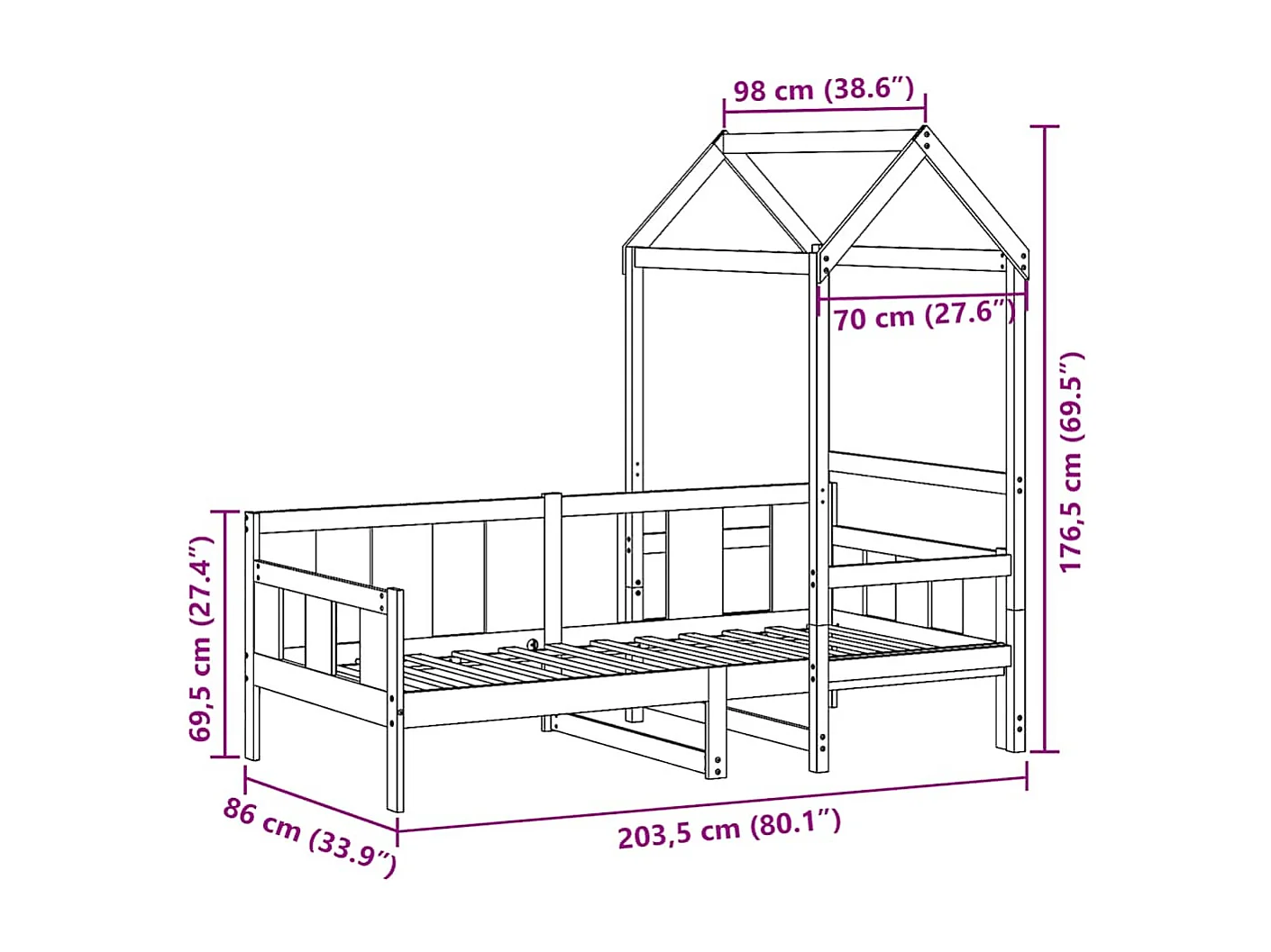 Tagesbett mit Dach 80x200 cm Massivholz Kiefer
