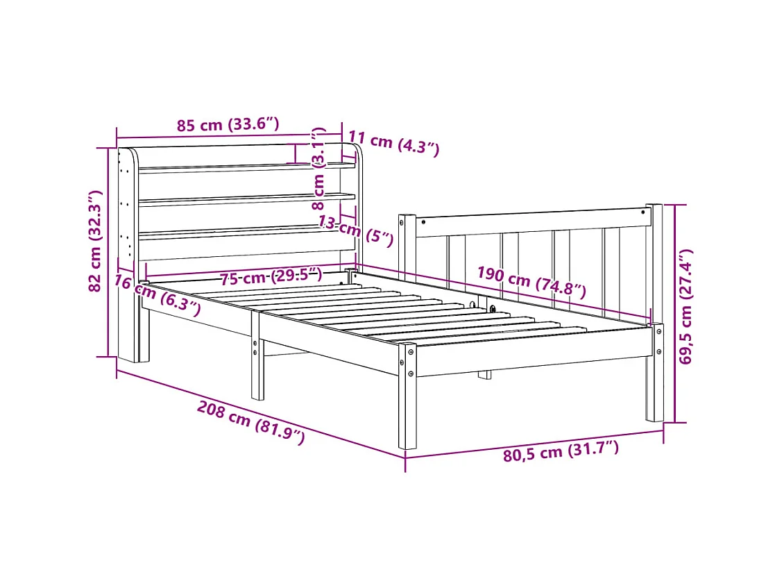 Bettgestell mit Kopfteil ohne Matratze Wachsbraun 75x190 cm