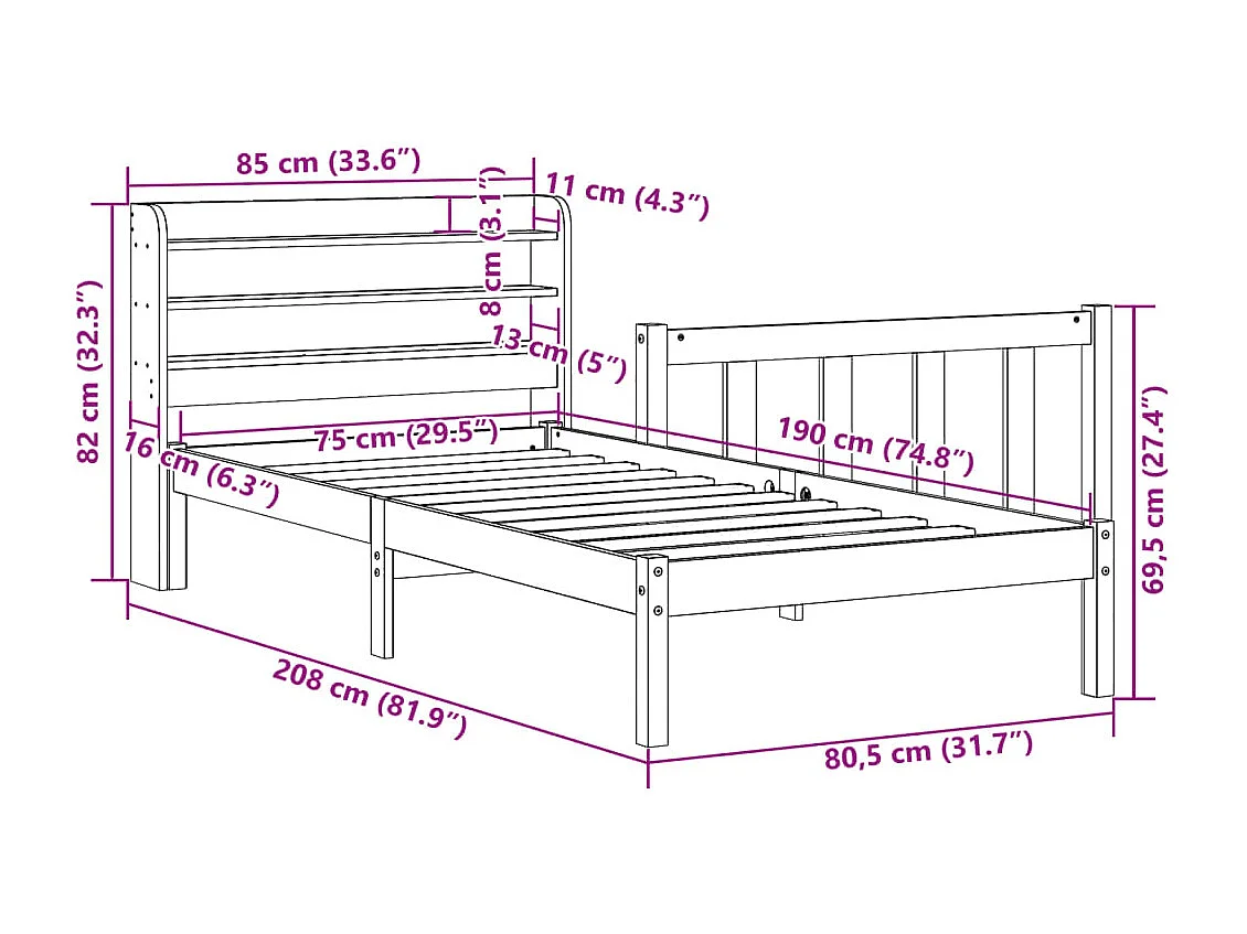 Cadre de lit avec tête de lit sans matelas cire marron 75x190cm
