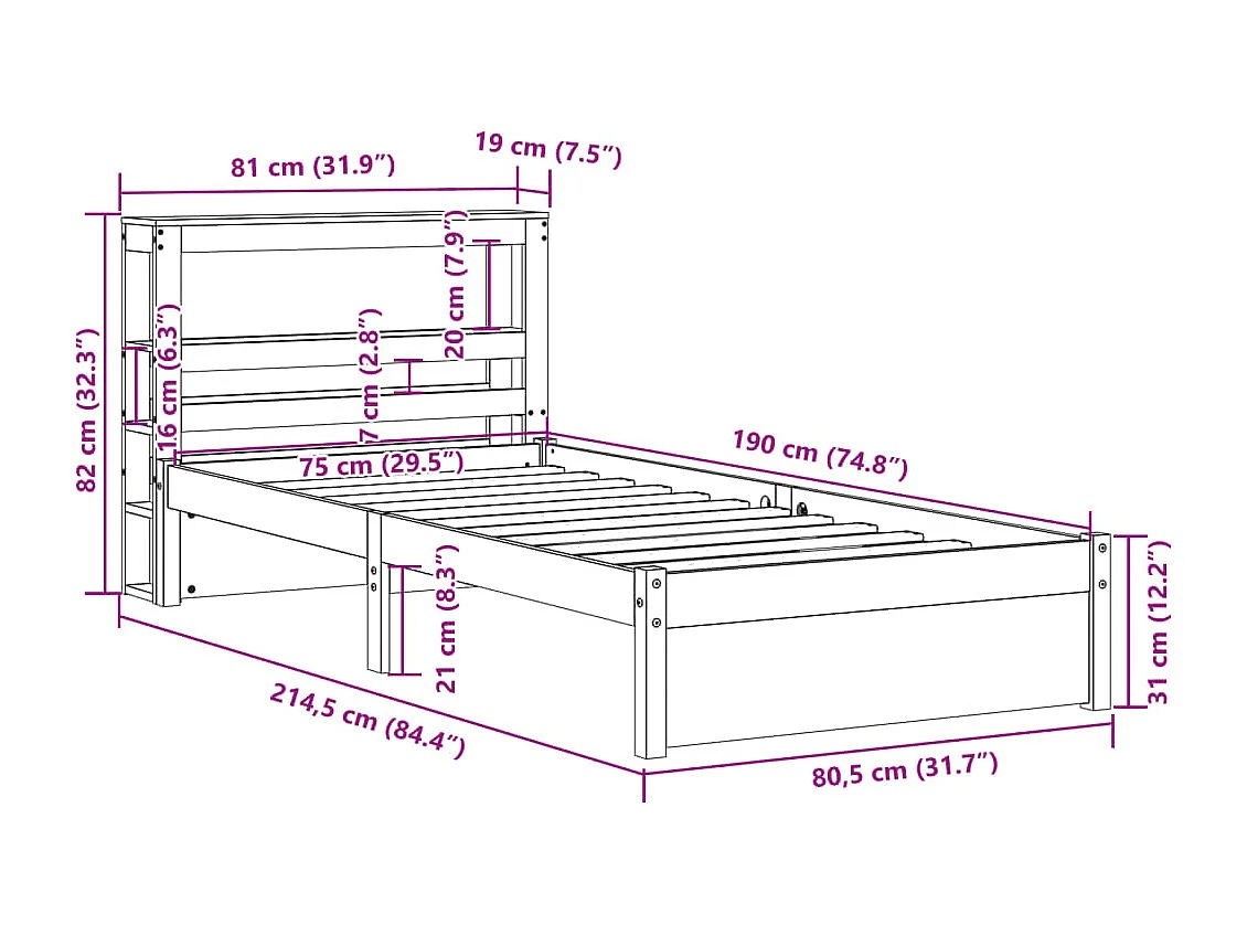 Bettgestell mit Kopfteil ohne Matratze 75x190 cm