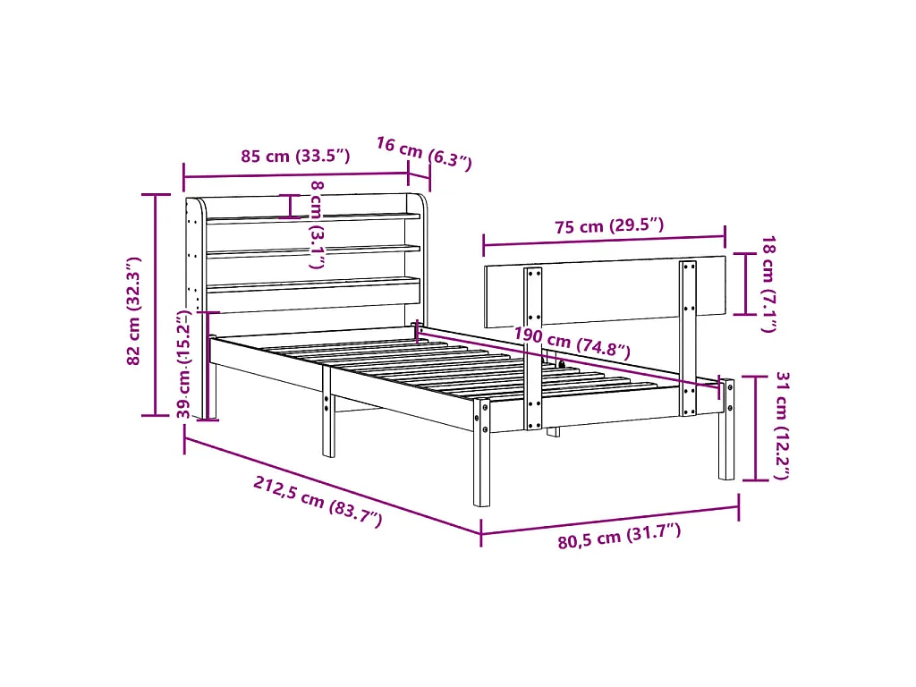 Bedframe zonder matras massief grenenhout wit 75x190 cm