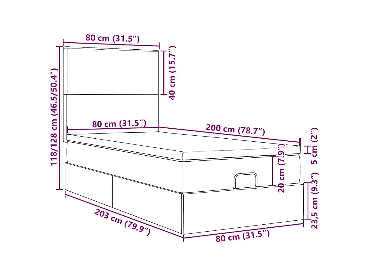 Cadre de lit ottoman avec matelas gris clair 80x200 cm velours
