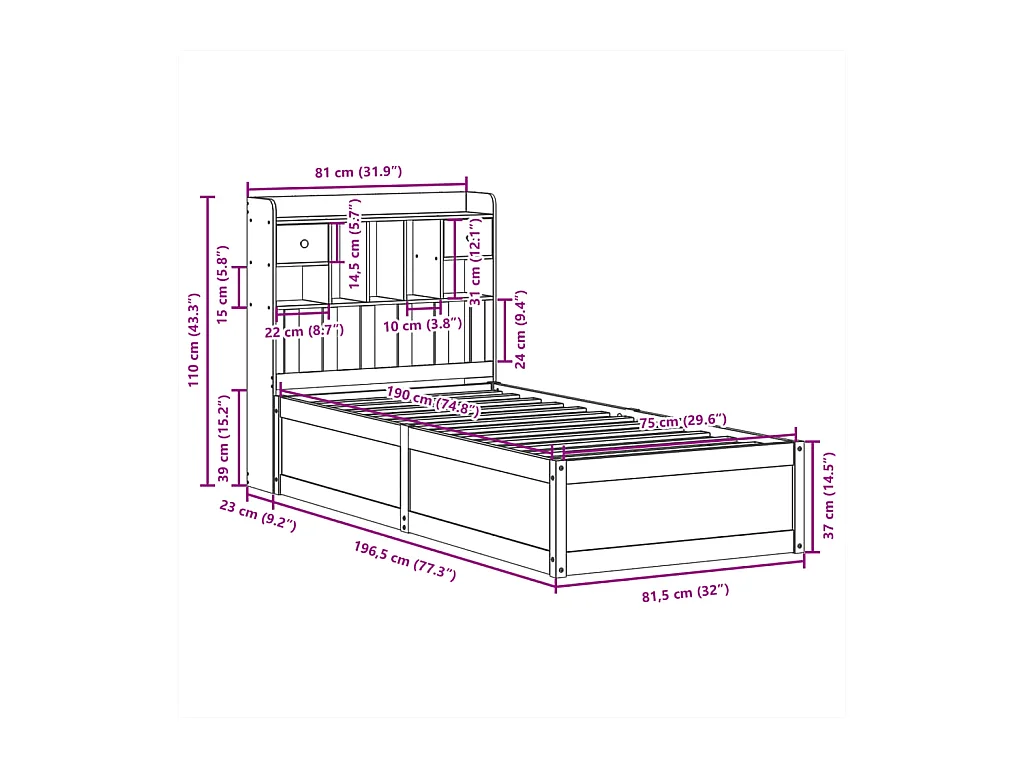 Cadre de lit sans matelas cire marron 75x190 cm bois pin massif