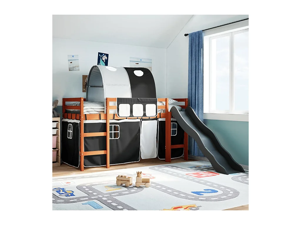 Lit mezzanine enfants et tunnel blanc/noir 80x200cm pin massif