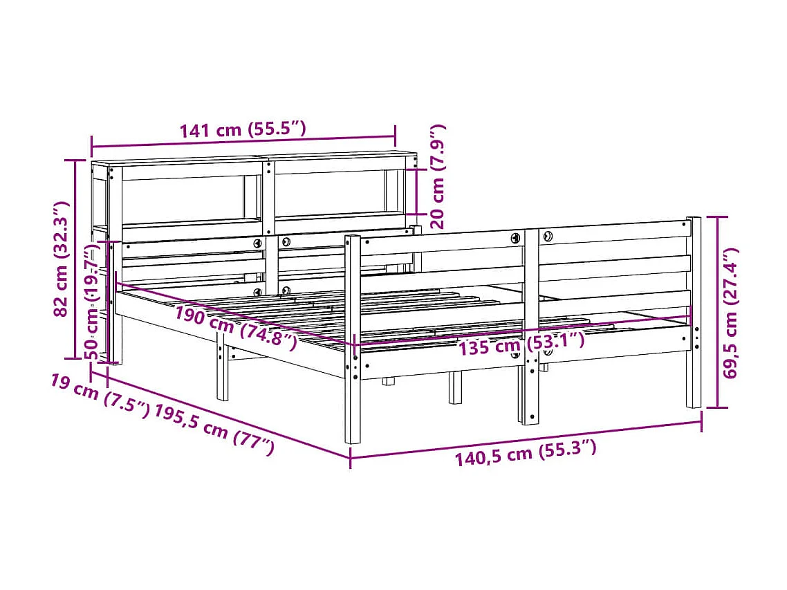 Estrutura cama c/ cabeceira 135x190 cm pinho maciço branco