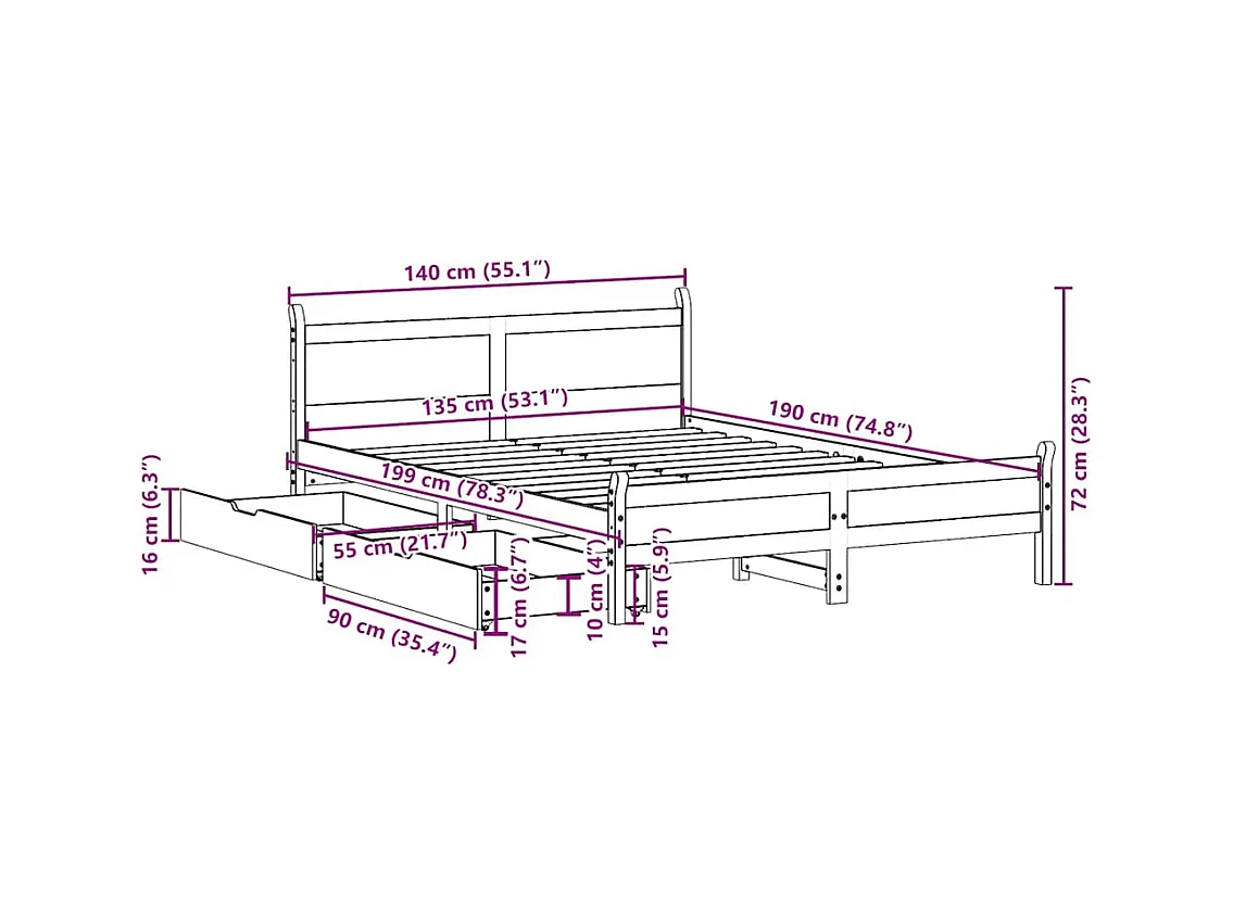 Letto senza Materasso Bianco 135x190 cm Legno Massello di Pino