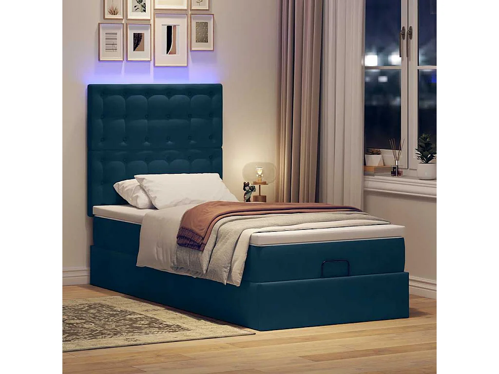 Cadre de lit ottoman avec matelas bleu foncé 80x200 cm velours