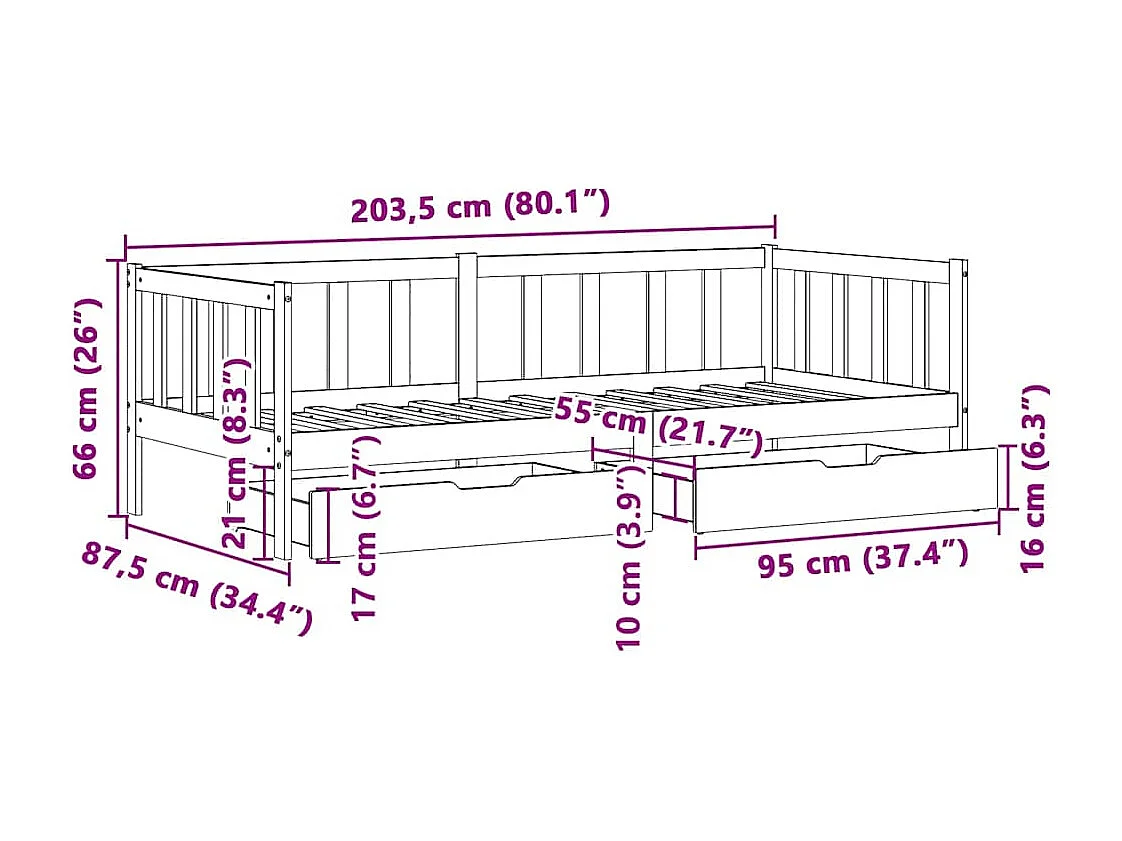 Tagesbett mit Schubladen Weiß 80x200 cm Kiefernholz